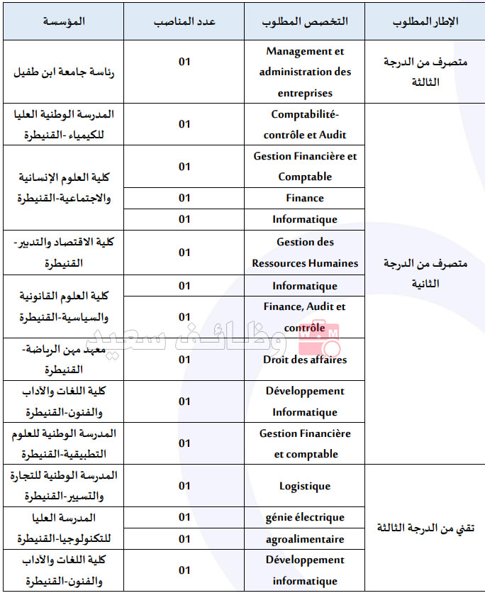 جامعة ابن طفيل بالقنيطرة - إعلان مباريات لتوظيف لتوظيف أطر إدارية وتقنية (15 منصب) 1 جامعة ابن طفيل بالقنيطرة - إعلان مباريات لتوظيف لتوظيف أطر إدارية وتقنية (15 منصب)