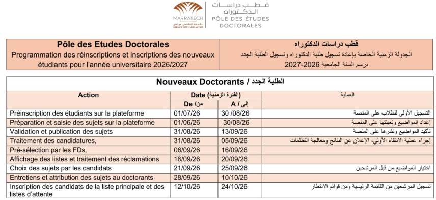 التسجيل في سلك الدكتوراه بجامعة القاضي عياض مراكش 2026/2027 1 الجدولة الزمنية الخاصة بالطلبة الجدد